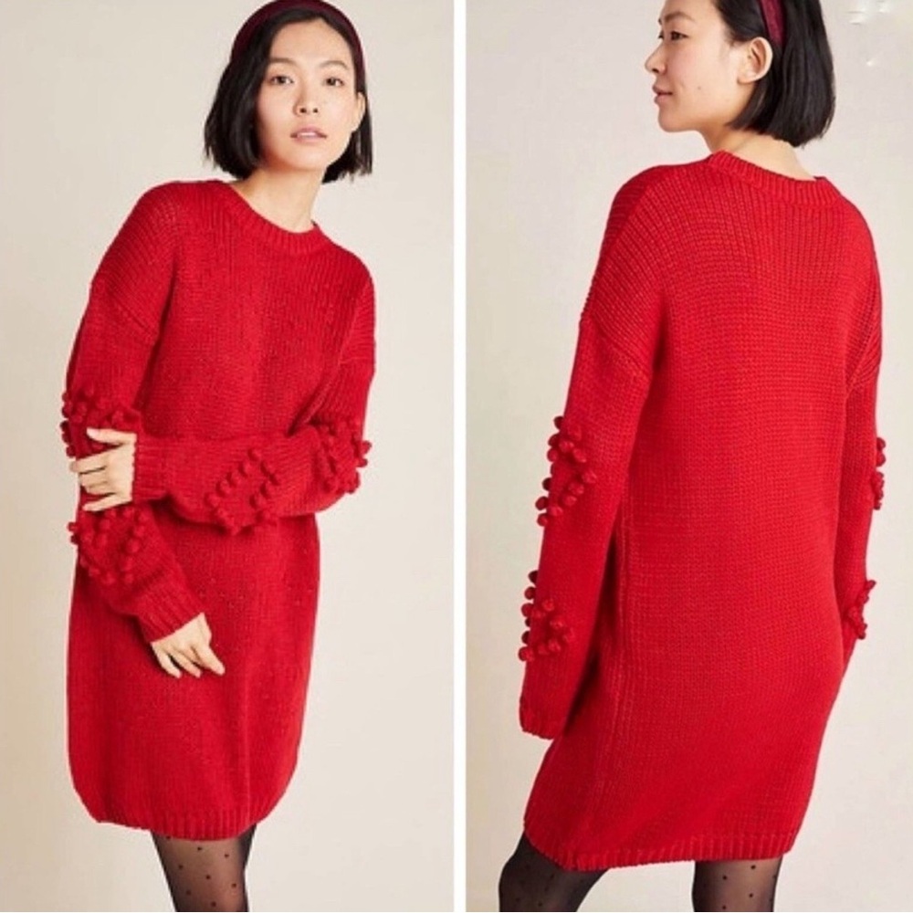 4SI3NNA Anthropologie Red Knit Heart Sweater Dress Size Large